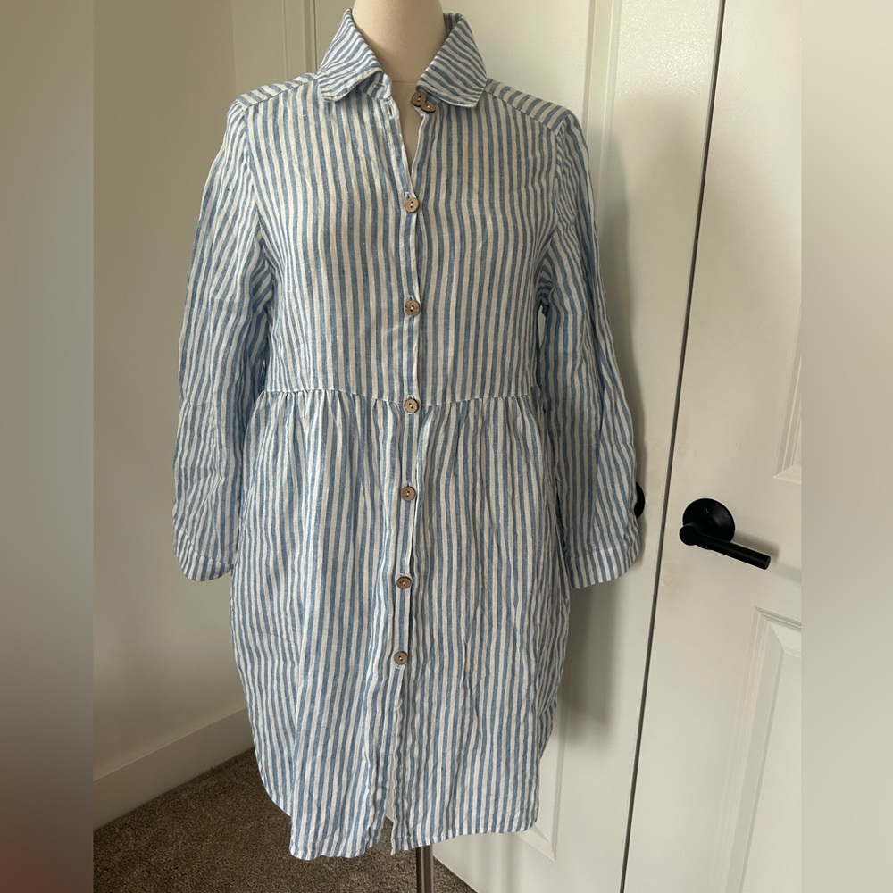LINENBEE size M 40"  Bust Striped Midi l/s Shirt Dress Blue White back pleat